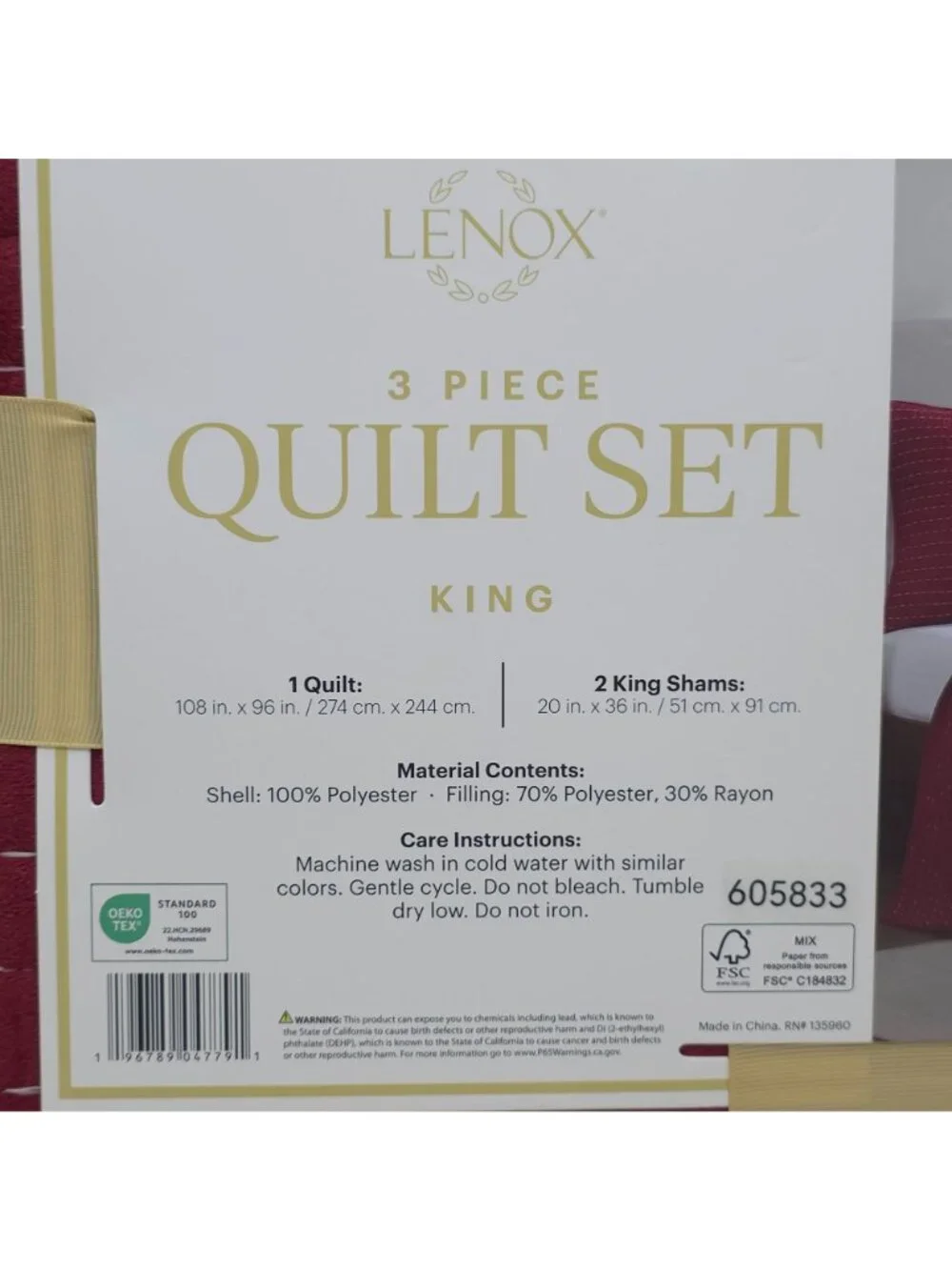 Lenox 3-Piece King Quilt Set Luxurious Feel Easy Care Red Pin Stripes Holiday
